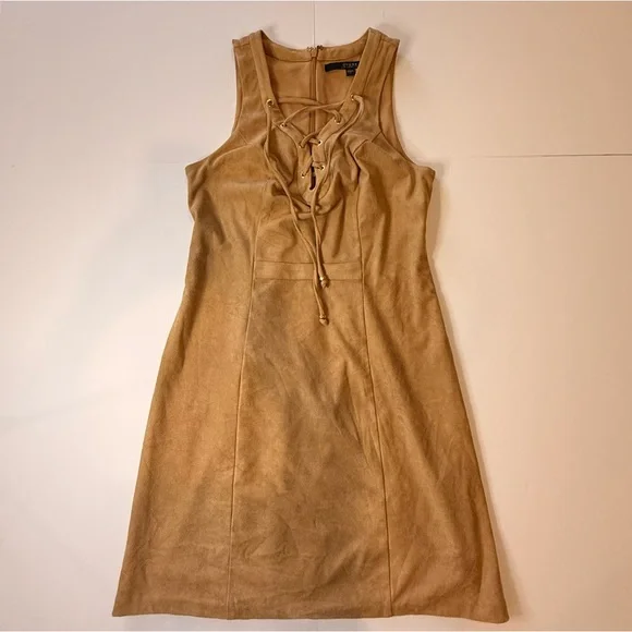 GUESS Sabine Faux Suede Lace Up Mini Dress - Tan/Camel - Picture 2 of 7